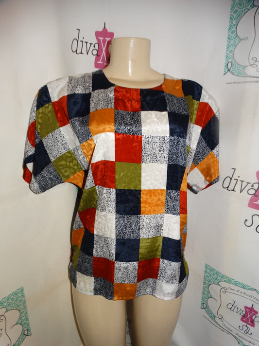 Vintage Nicola Blue/White Brown Blouse Size M