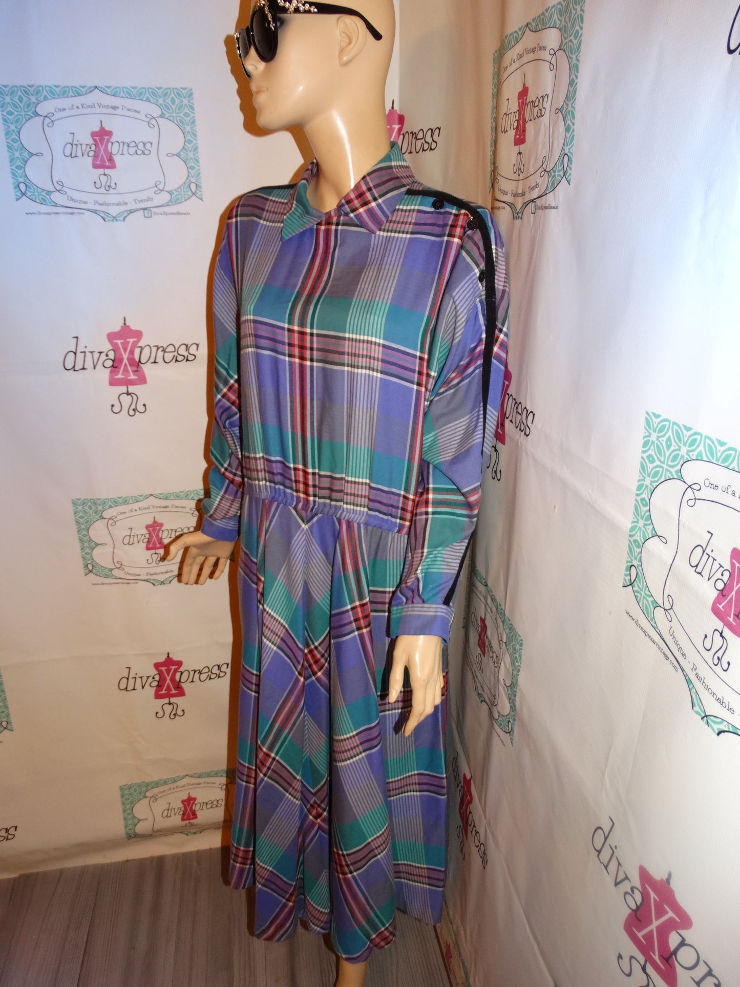 Vintage Ms Chaus Purple  Plaid Dress Size XL