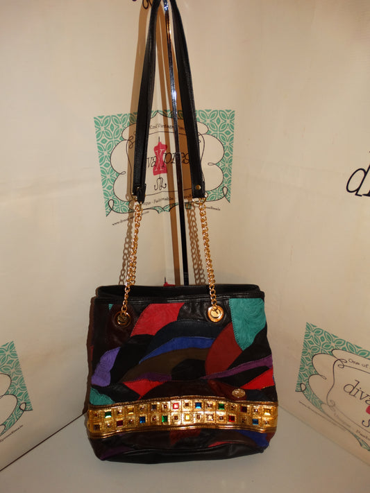 Vintage Colorful Leather Patch Gold Detail Purse Size XL