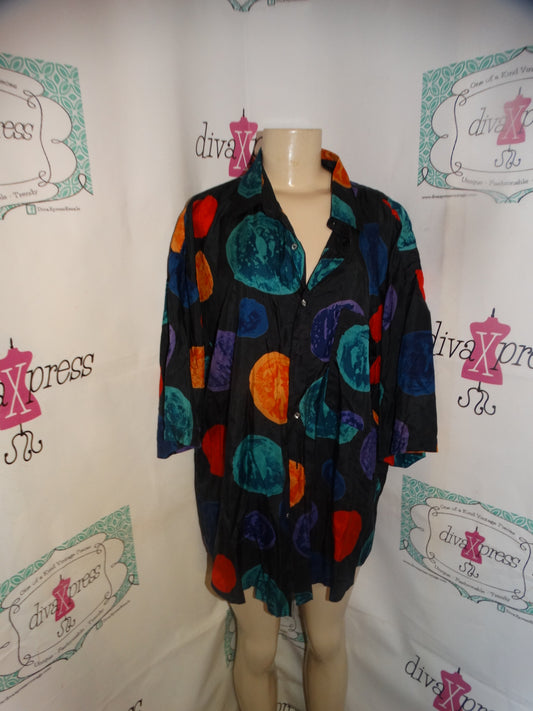 Vintage Otana Black Silk Colorful Blouse Size 1x