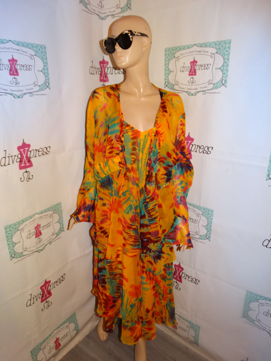 Vintage Yellow Colorful 2 Piece Dress With Shawl Size 2x