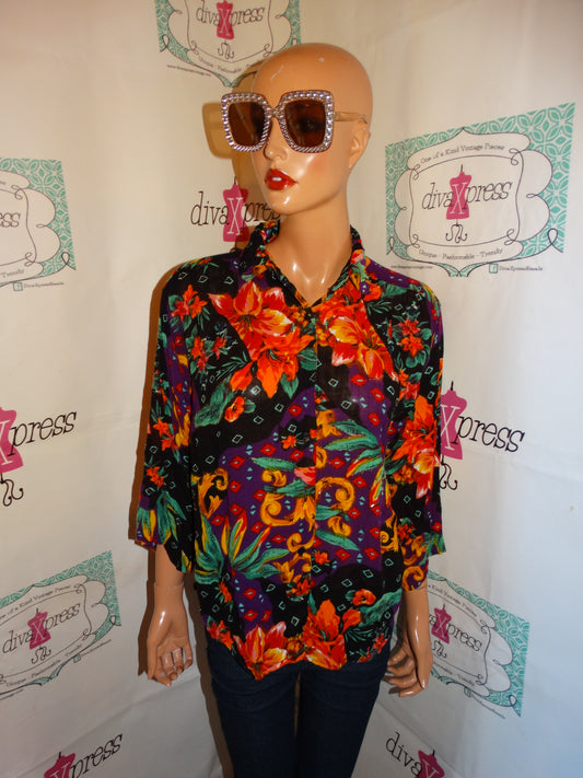 Vintage Jane Ashley Black Floral Blouse Size XL
