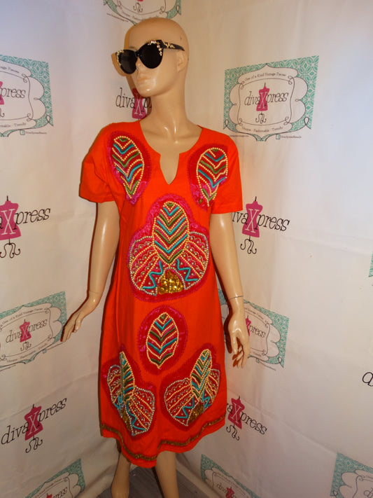 Vintage Orange/ Pink Heavy Beaded Dress Size M