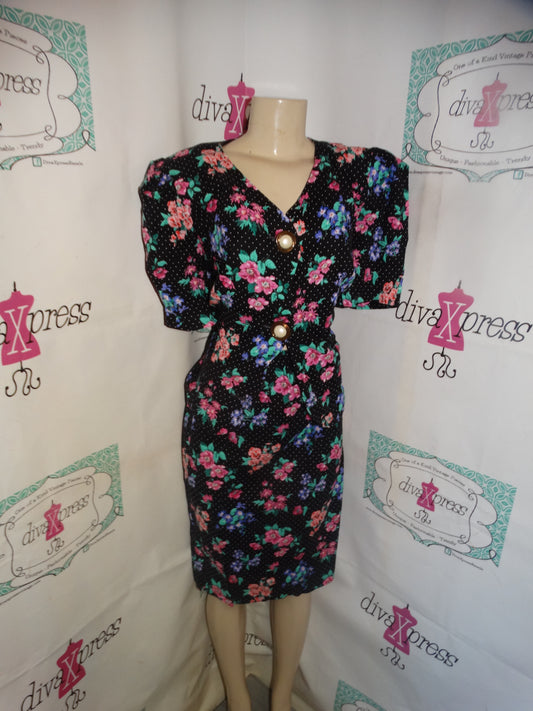 Vintage Lady Dorby Black/White Polka Dot Floral 2 Piece Skirt Set Size XL