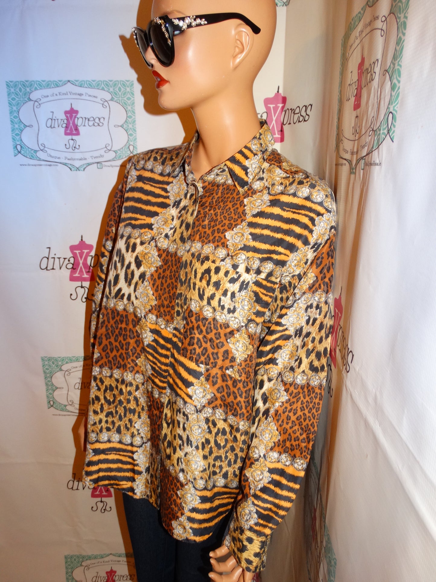 Vintage SLB Leopard Chain Silk Blouse Size L