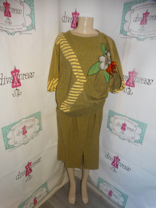 Vintage Three Flags Yellow/Gray 2 piece Skirt Set Size L