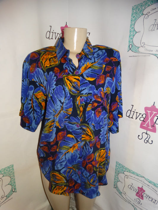 Vintage Maggie Lawerence Blue Floral Blouse Size XL