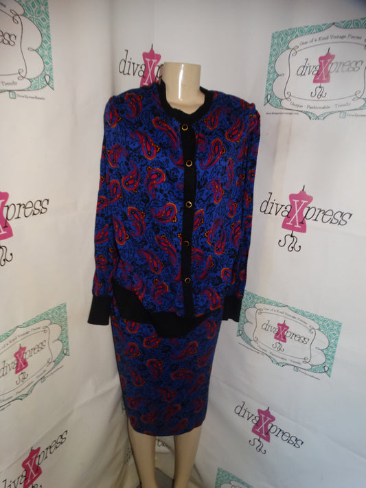 Vintage Leslie Fay Blue Pink 2 Piece Skirt Set Size 1x