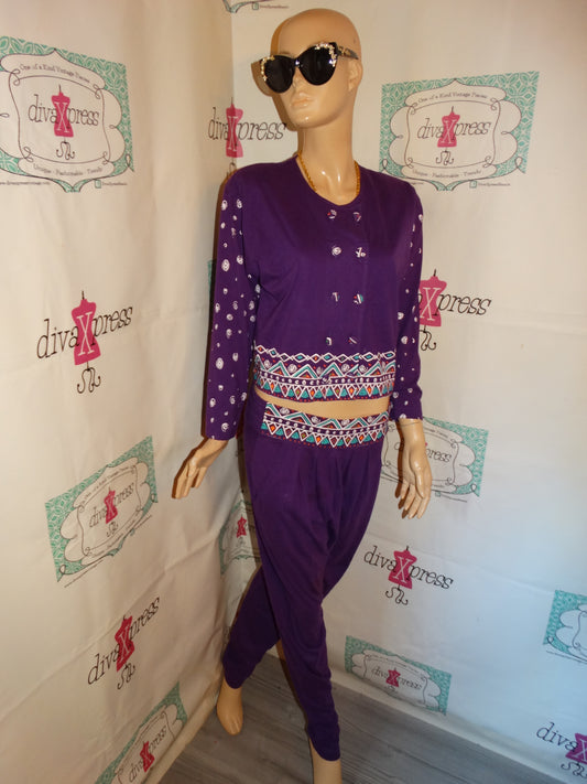 Vintage La Belle Folette Purple/White 2 Piece Pants Set Size M