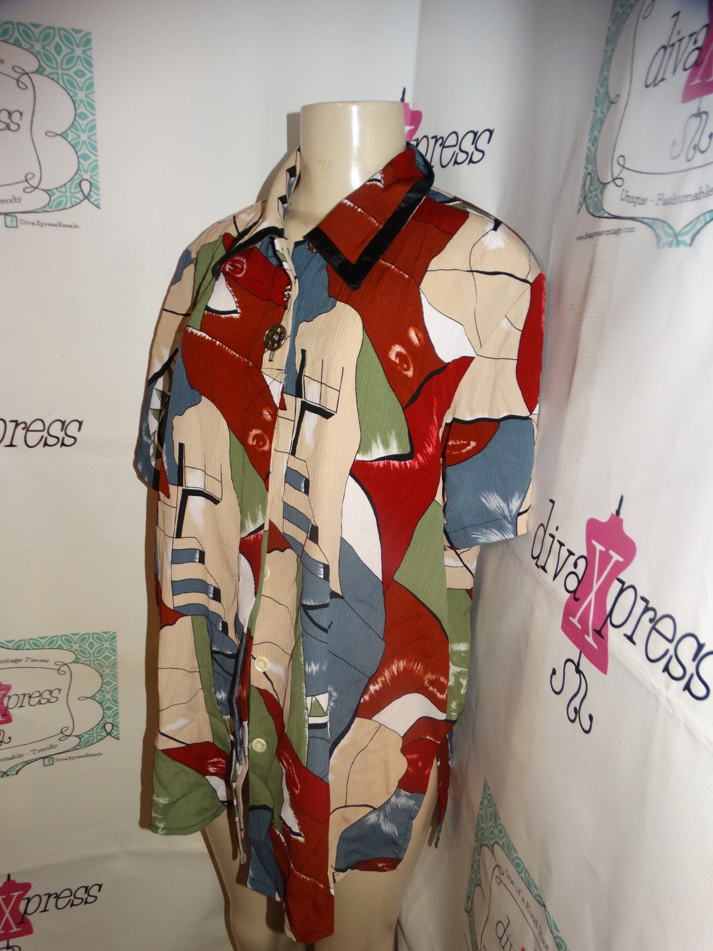 Vintage Truffles White/Blue/Burgundy Blouse Size XL