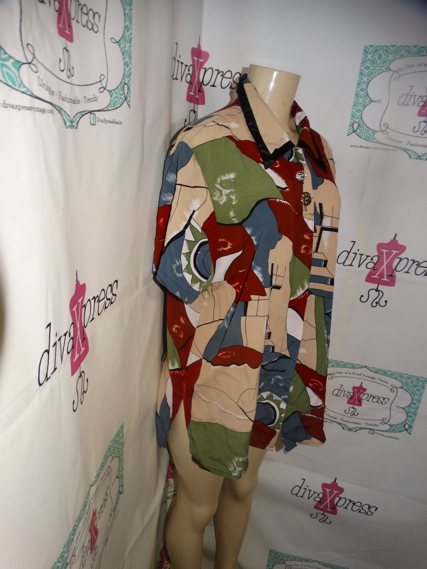 Vintage Truffles White/Blue/Burgundy Blouse Size XL