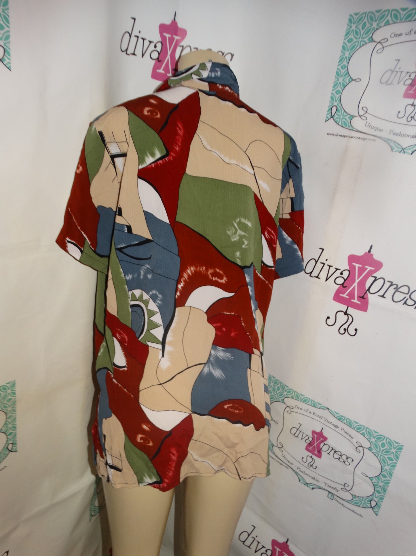 Vintage Truffles White/Blue/Burgundy Blouse Size XL