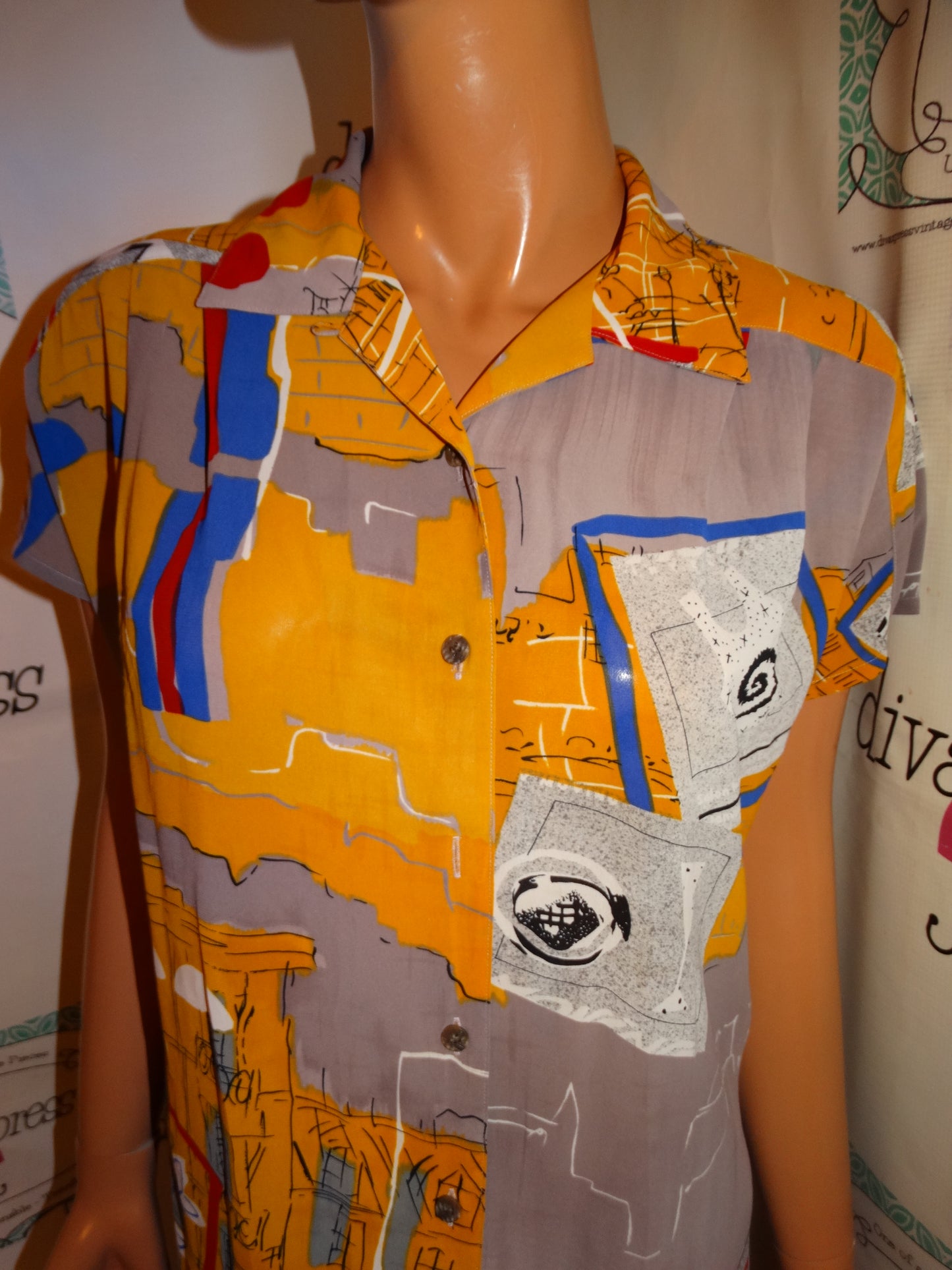 Vintage Virginia Gray Yellow Colorful Blouse Size M
