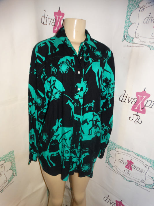 Vintage Nicole Miller Black/Green Cowboy Blouse Size XL