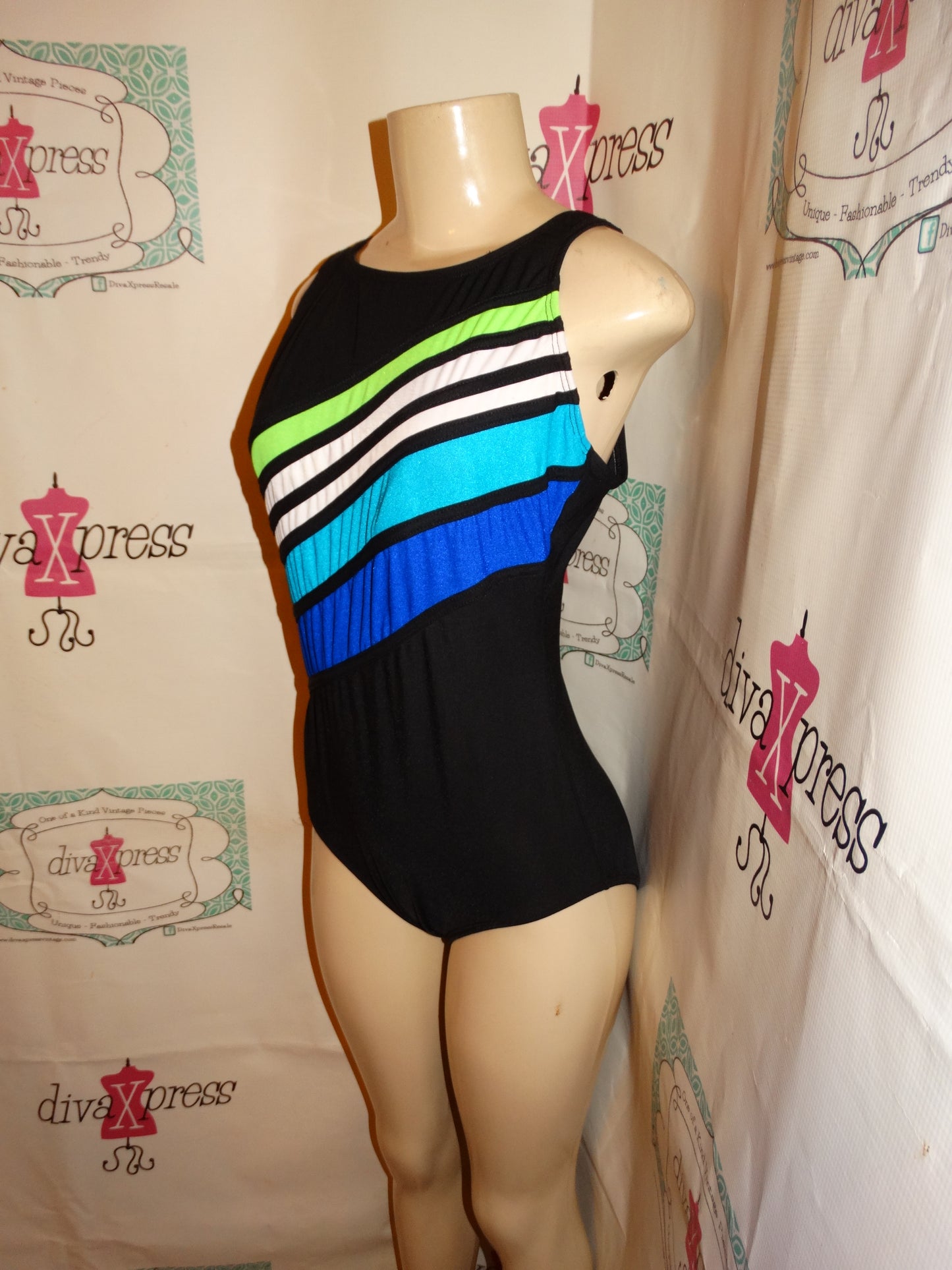 Vintage Robby Len Black Line Green/Blue Swimsuit Size XL
