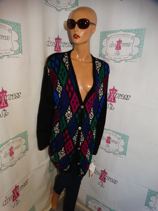 Vintage Russ Sport Black Colorful Cardigan Sweater Size 1x