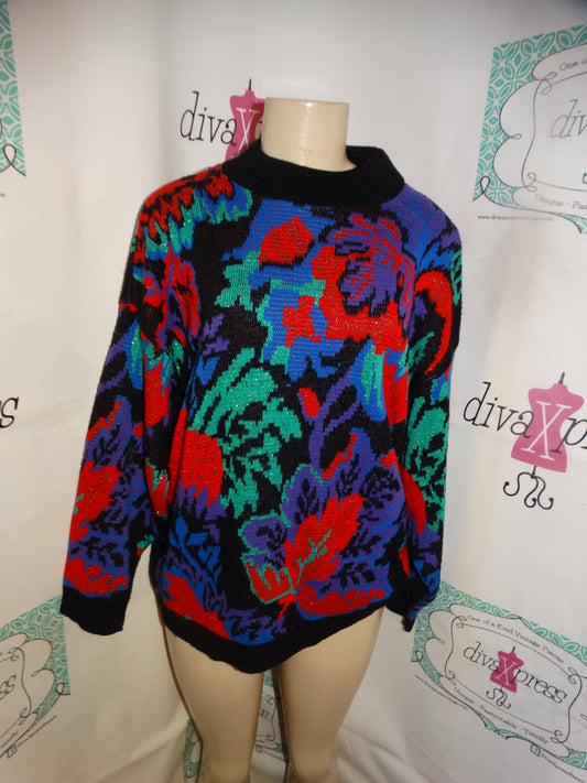 Vintage Rose Black Red Green Floral Sweater Size L