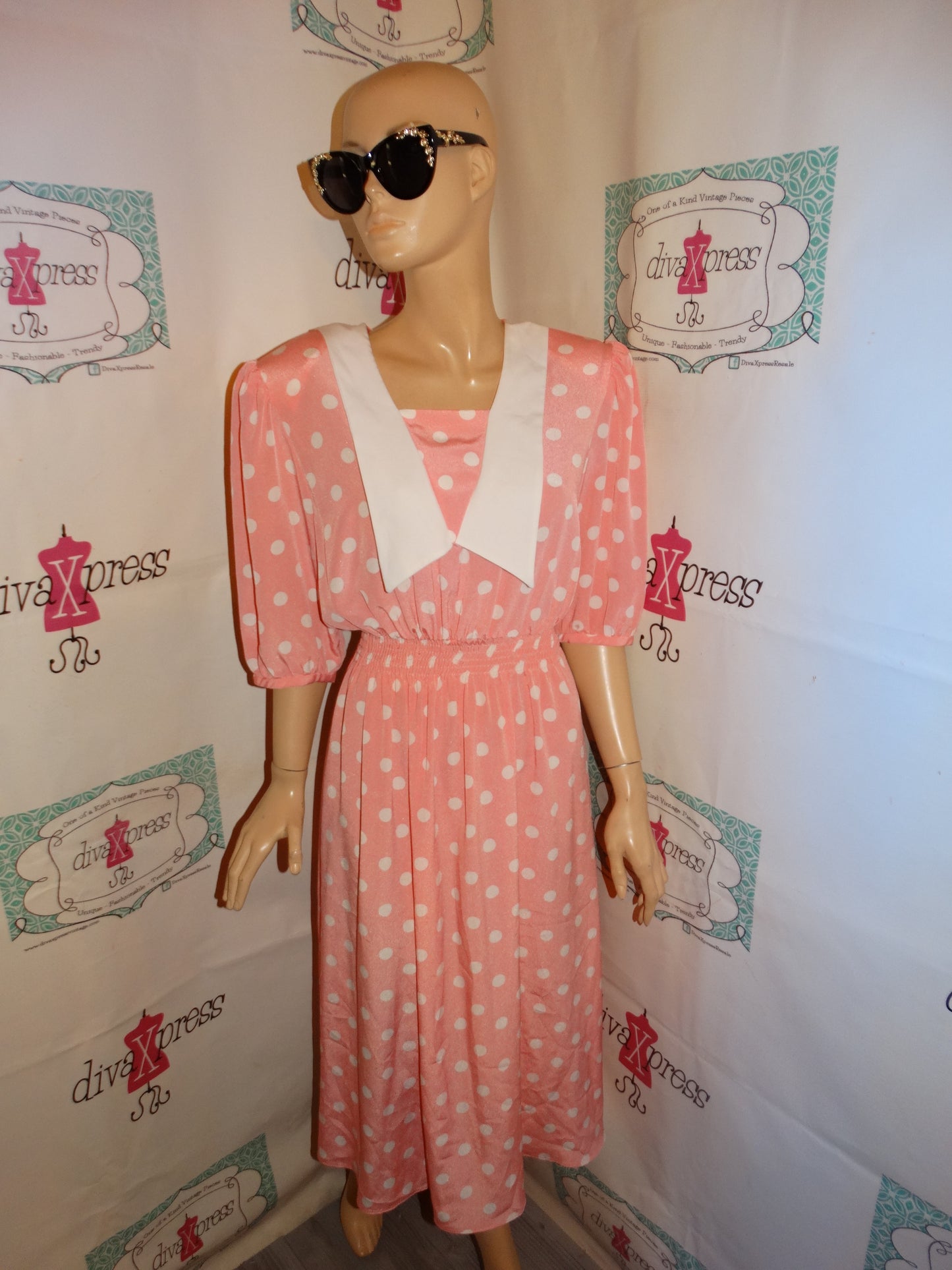 Vintage Sunshine Sunshine Pink/White Polka Dot Dress Size M