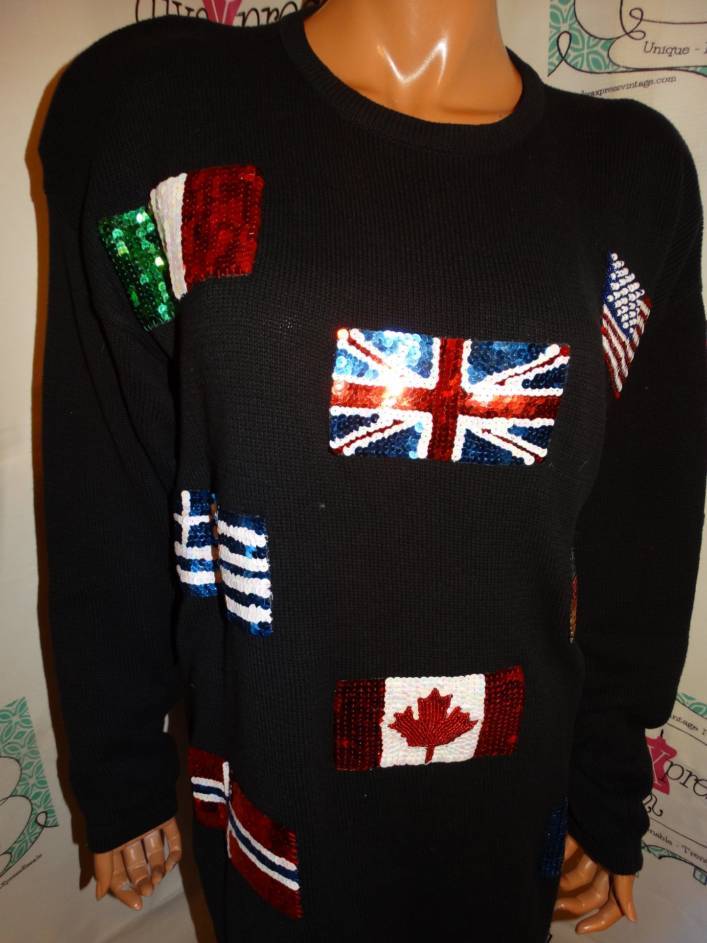 Vintage Sail Away Black Flag Sequins Sweater Size 1x