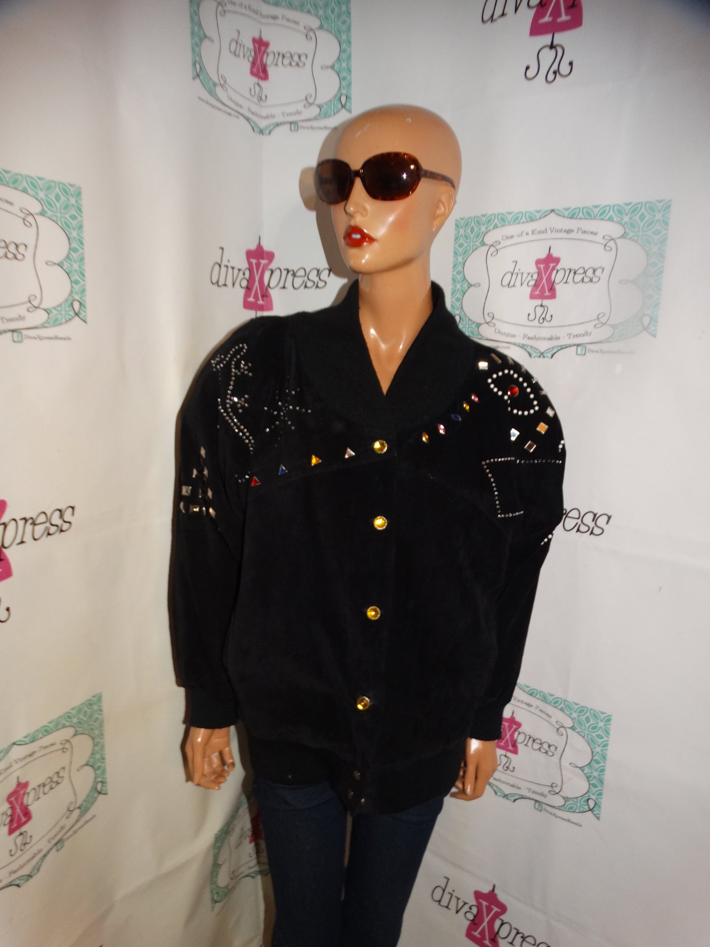 Vintage LA- Tierra Black Suede Beaded Jacket Size XL