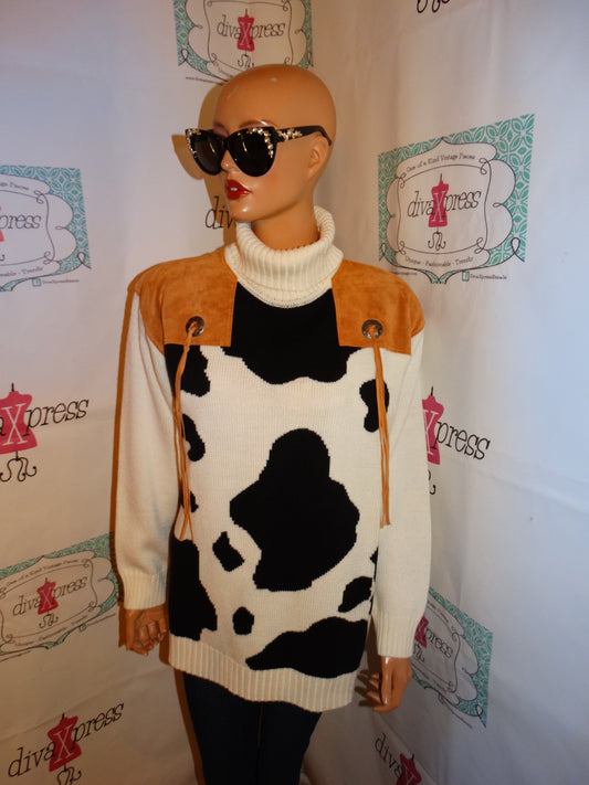 Vintage Outlander Cream Suede Patch Cow Sweater Size 1x