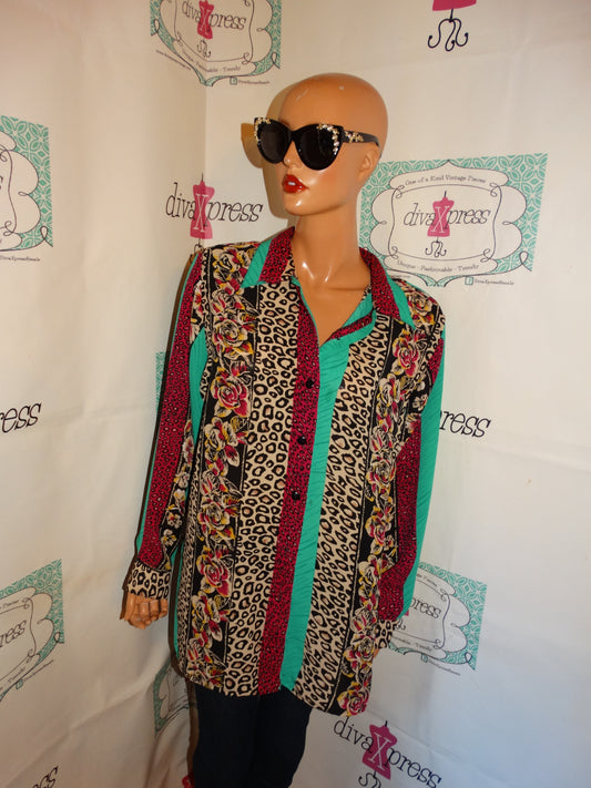 Vintage St Julian Green Pink Colorful Blouse Size 1x