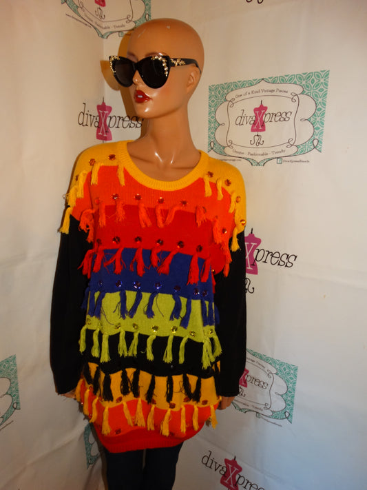 Vintage Richard Colorful Shingle Beaded Sweater Size XL