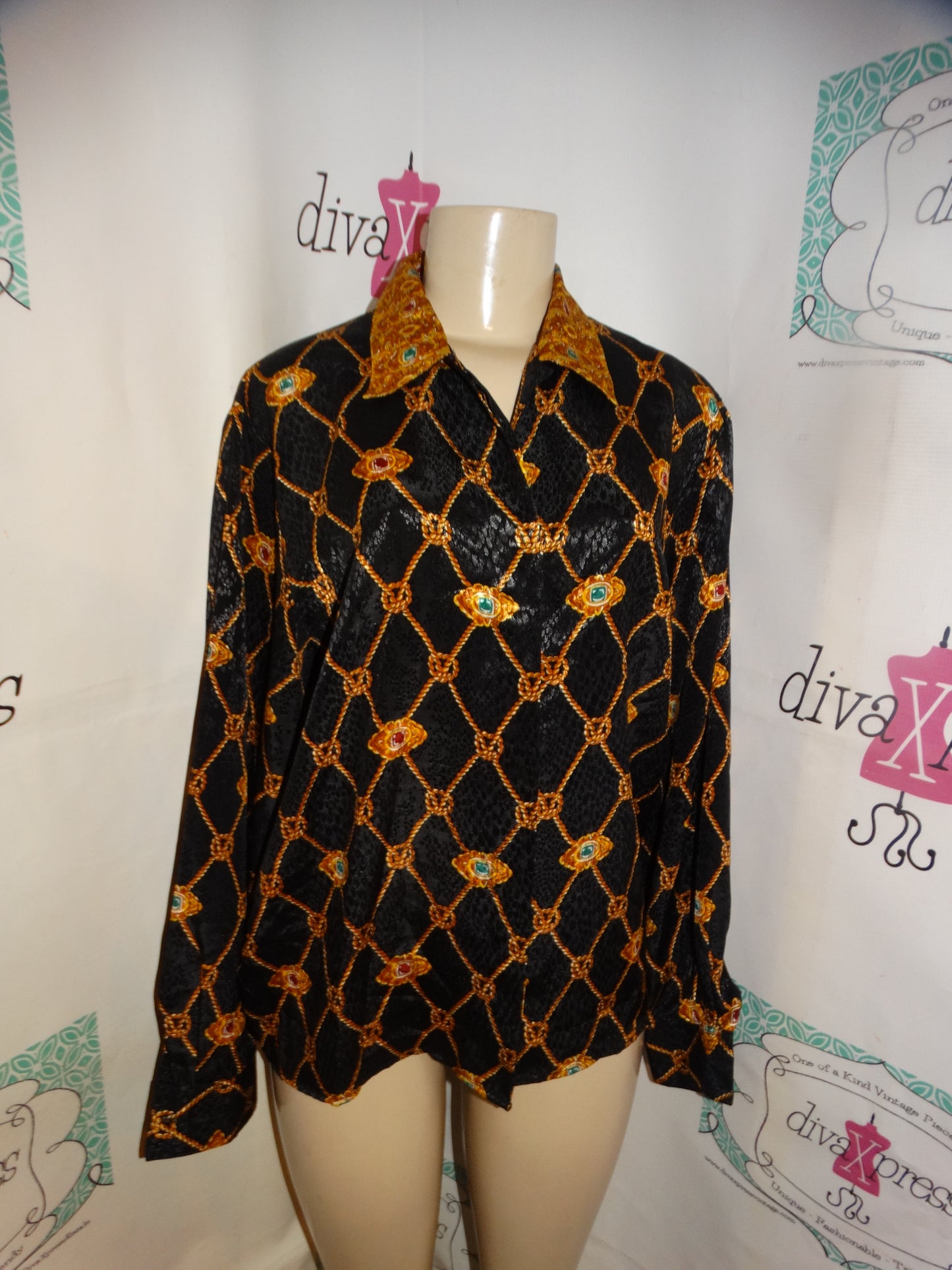 Vintage Laura Jane Black/Gold Chain Blouse Size L