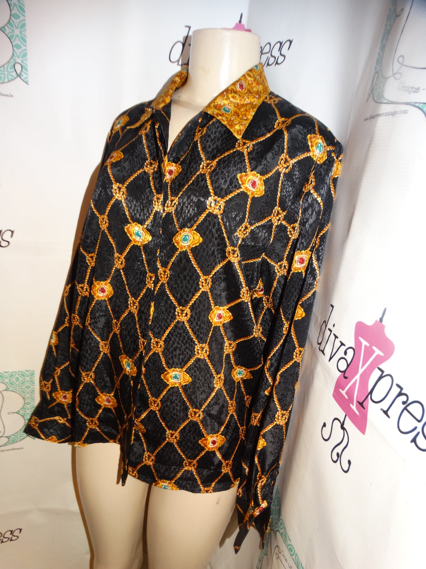 Vintage Laura Jane Black/Gold Chain Blouse Size L