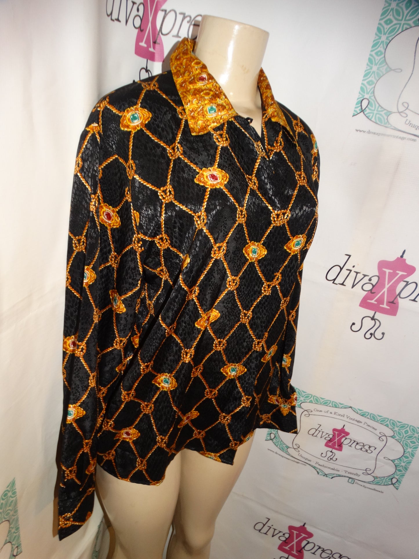 Vintage Laura Jane Black/Gold Chain Blouse Size L