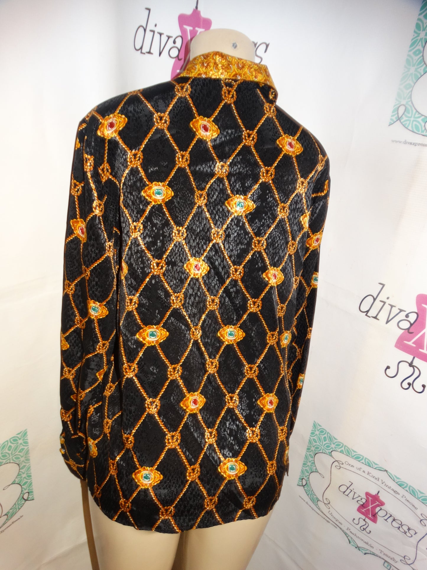 Vintage Laura Jane Black/Gold Chain Blouse Size L