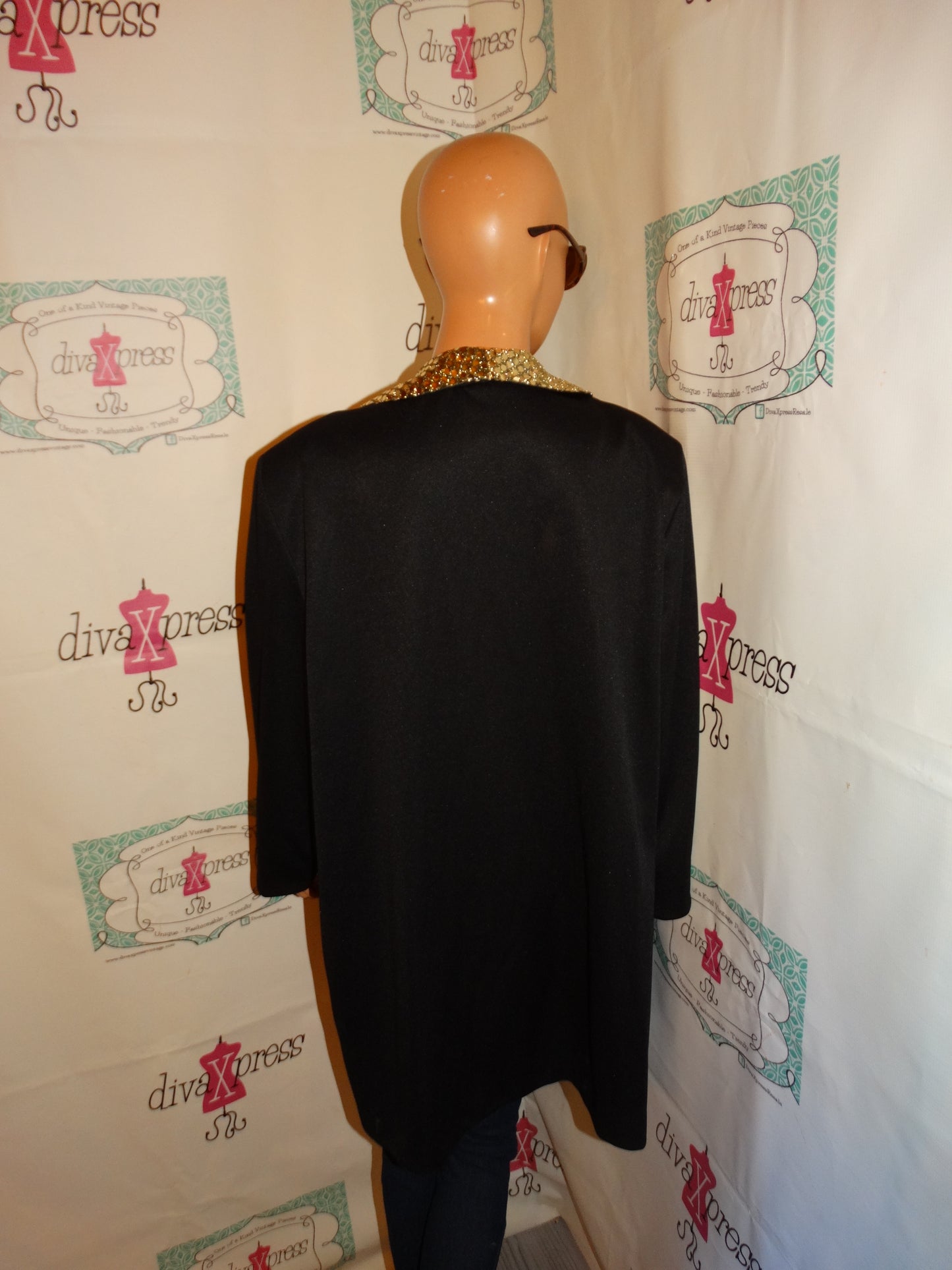 Vintage Sue Breet Black Gold Sequins Long Blazer Size 1x
