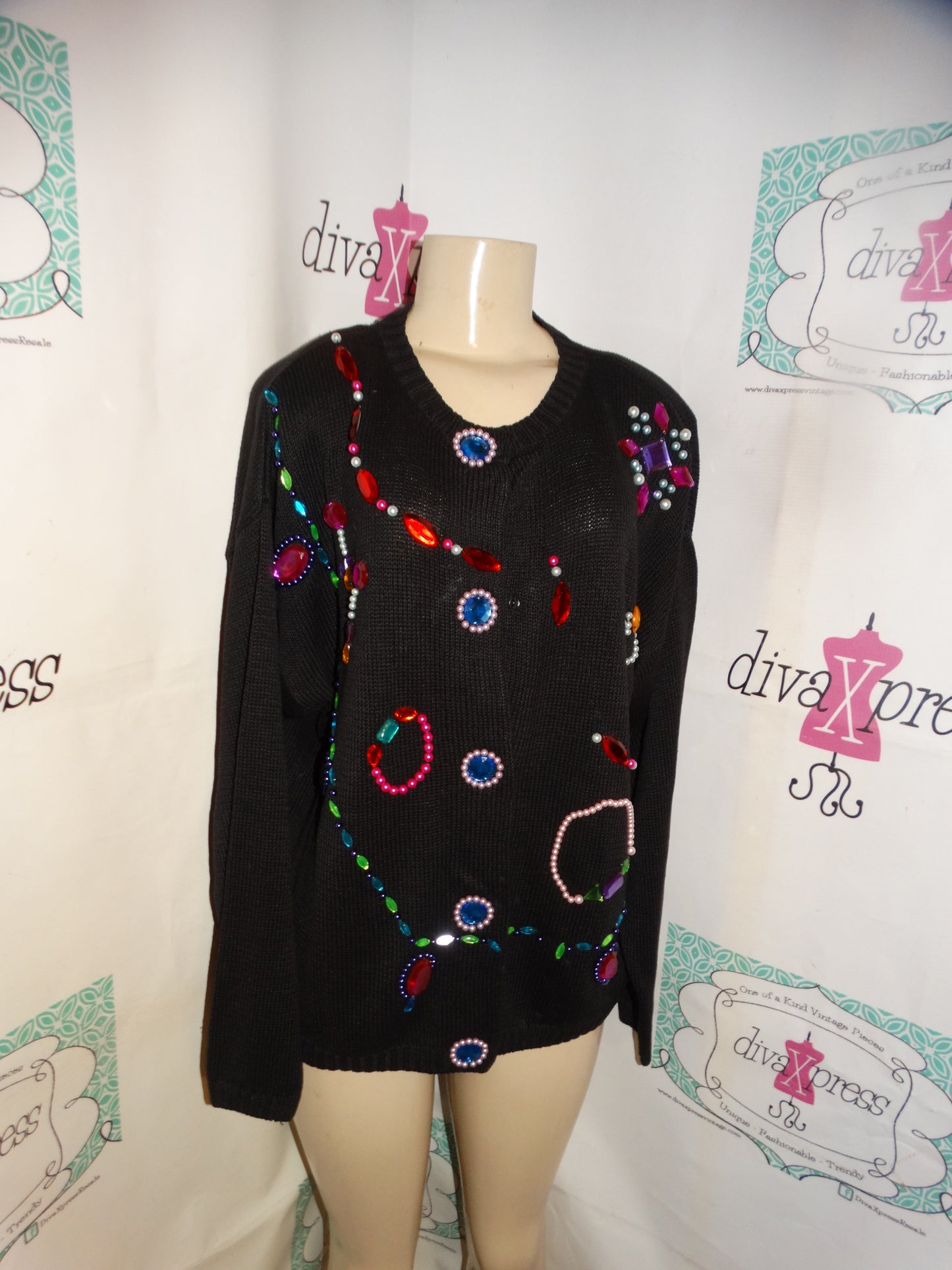 Vintage Victoria Jones Black Beaded Jewel Sweater 1x