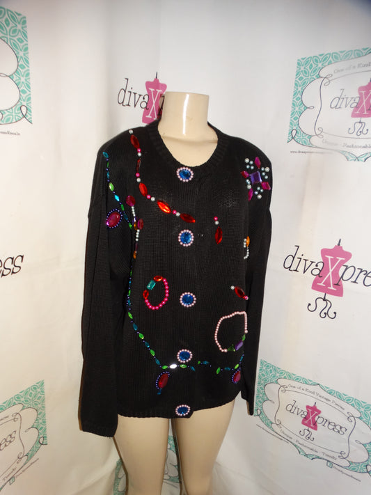 Vintage Victoria Jones Black Beaded Jewel Sweater 1x