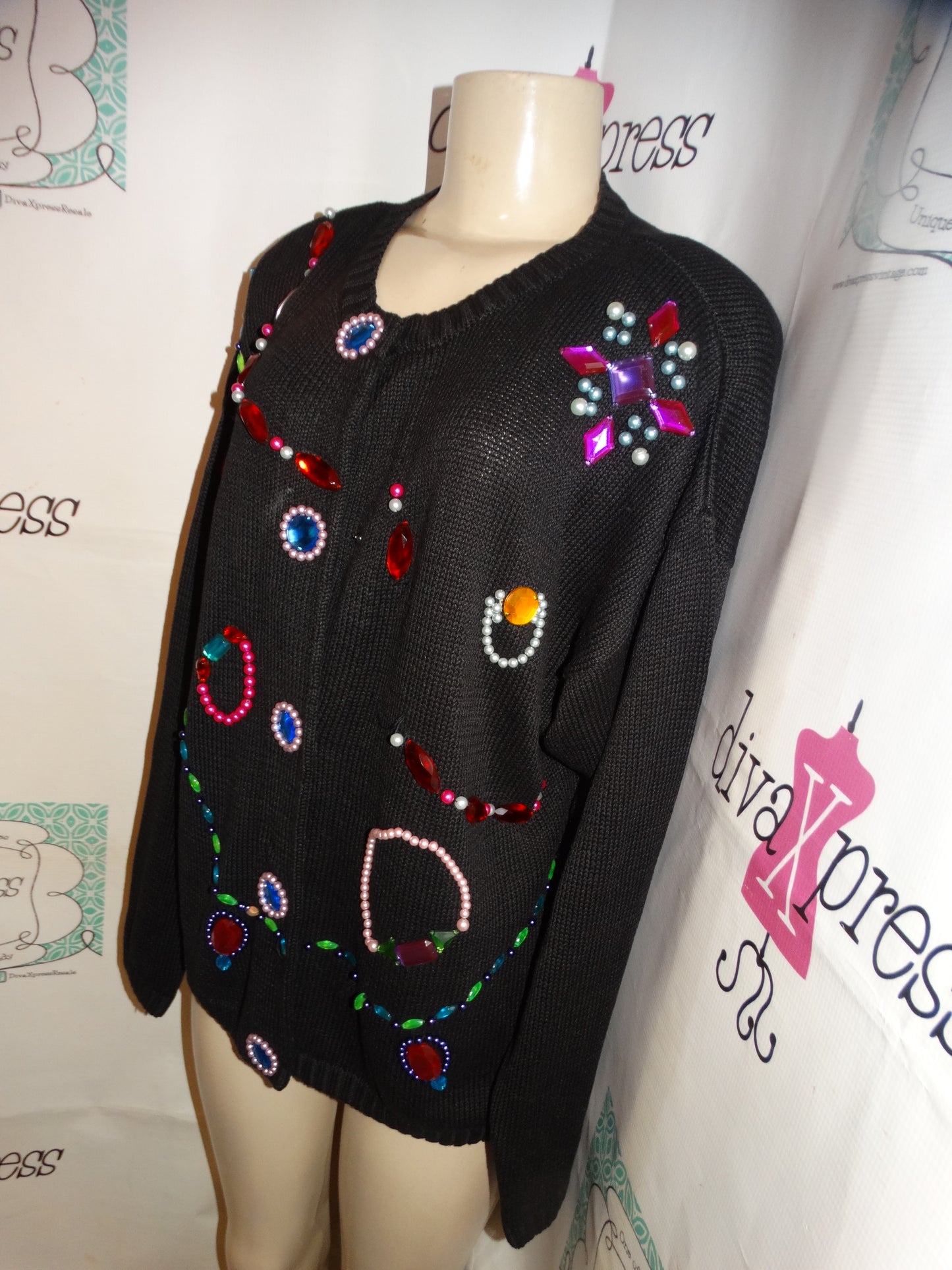 Vintage Victoria Jones Black Beaded Jewel Sweater 1x