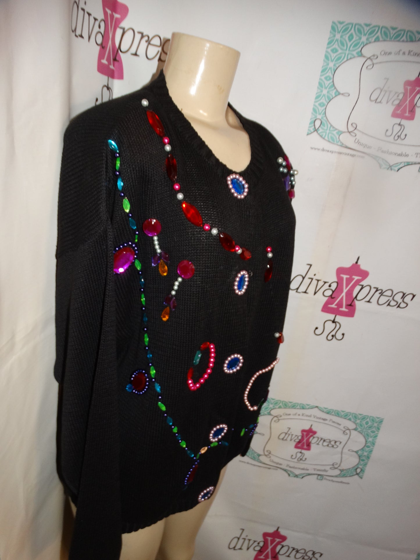Vintage Victoria Jones Black Beaded Jewel Sweater 1x