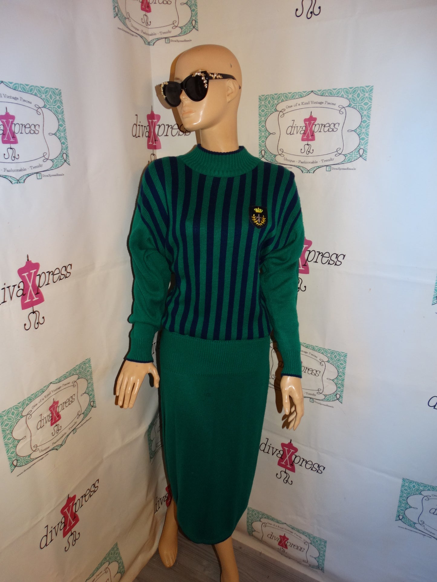 Vintage Plain Jane Green/Blue Stripe Sweater Dress Size M