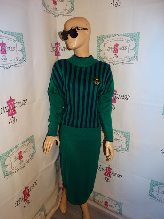 Vintage Plain Jane Green/Blue Stripe Sweater Dress Size M