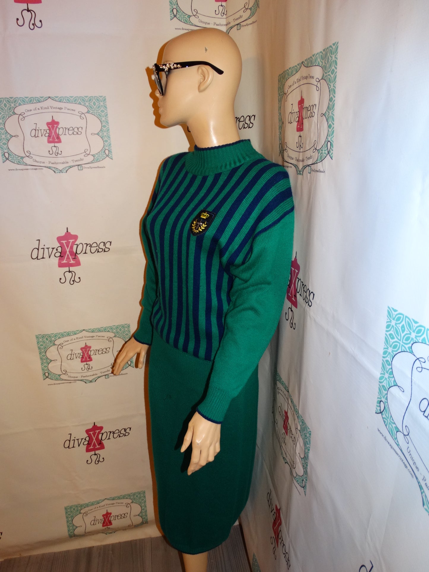Vintage Plain Jane Green/Blue Stripe Sweater Dress Size M