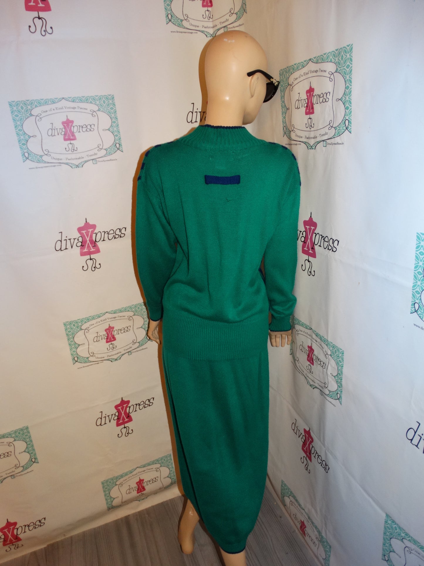 Vintage Plain Jane Green/Blue Stripe Sweater Dress Size M