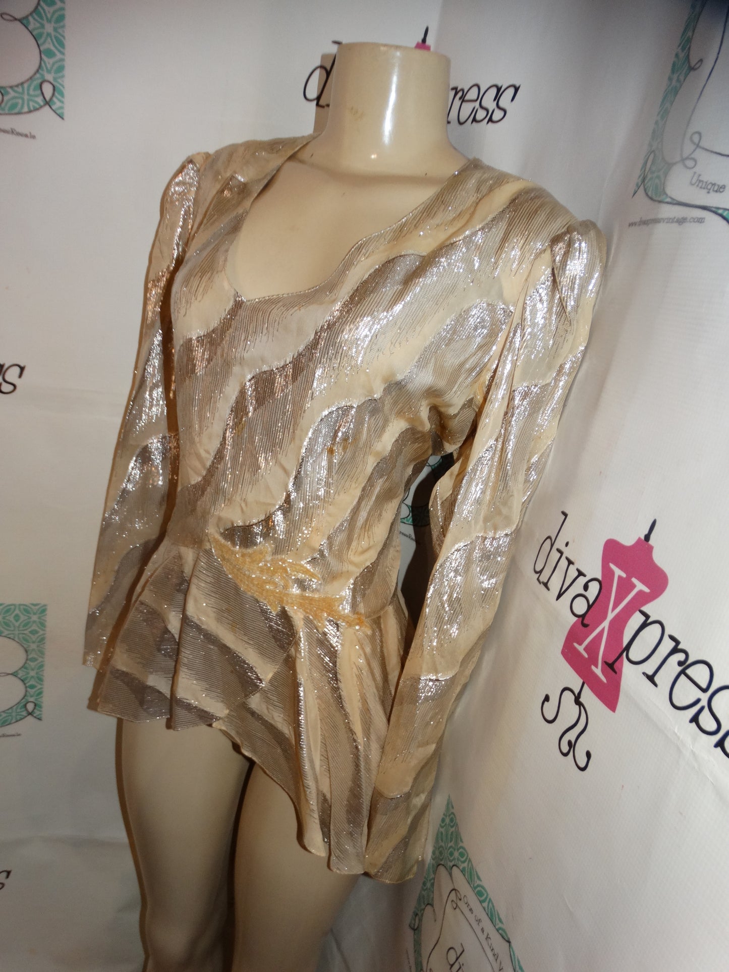 Vintage Tan/Silver High Lo Peplum Blouse Size XL