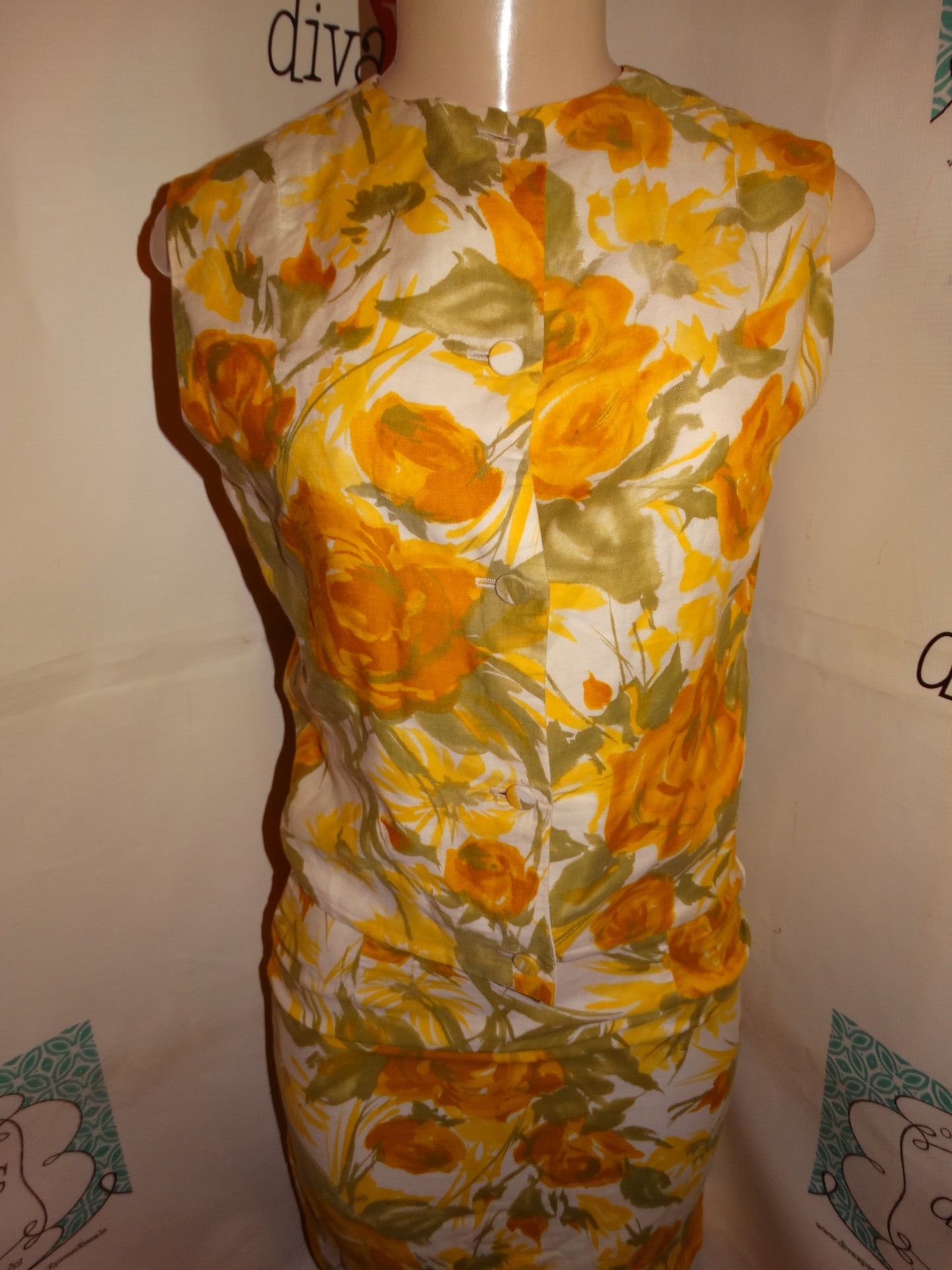 Vintage Yellow Cream Floral 2 Piece Skirt Set Size S