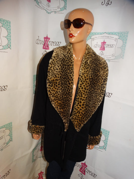 Vintage Lorni Black Leopard Wool Coat Size L