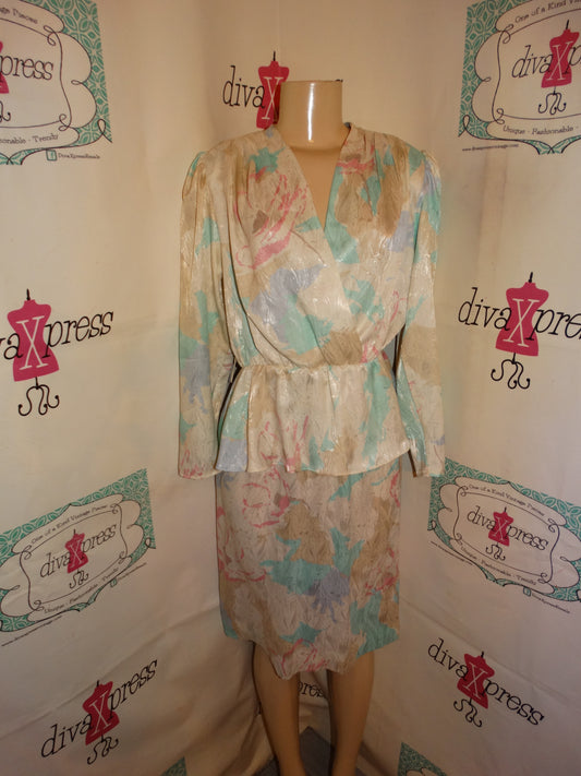 Vintage Ms. Classic White /Teal 2 Piece Peplum Size M