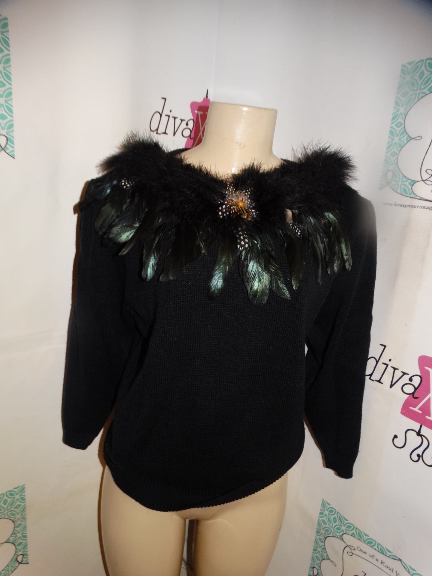 Vintage OHI Black Feather Neckline Sweater Size S