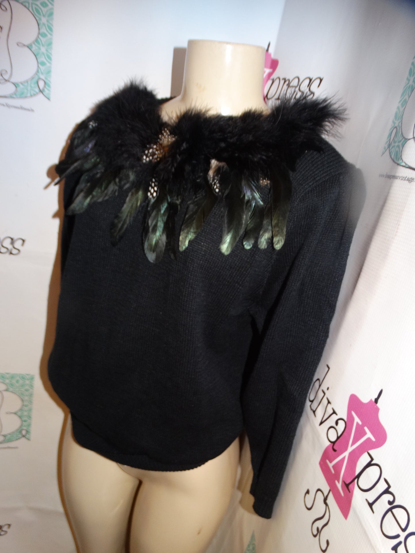 Vintage OHI Black Feather Neckline Sweater Size S