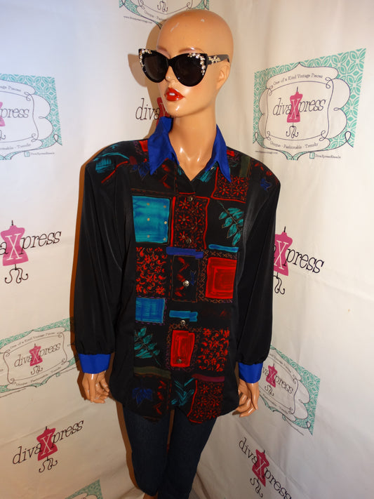 Vintage Maggie Sweet Black Colorful Blouse Size XL