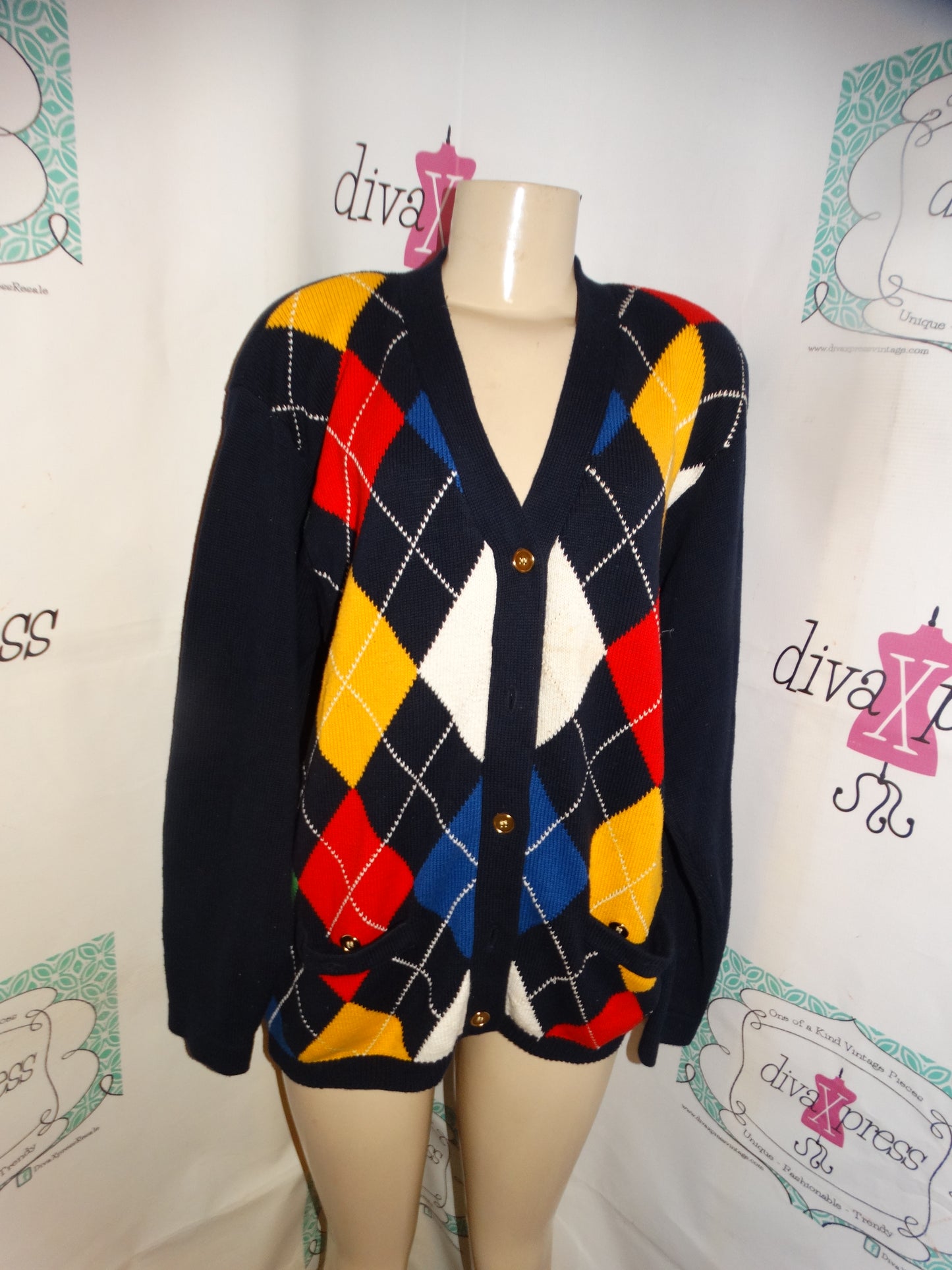 Vintage Intutions Blue Colorful Cardigan Sweater Size L