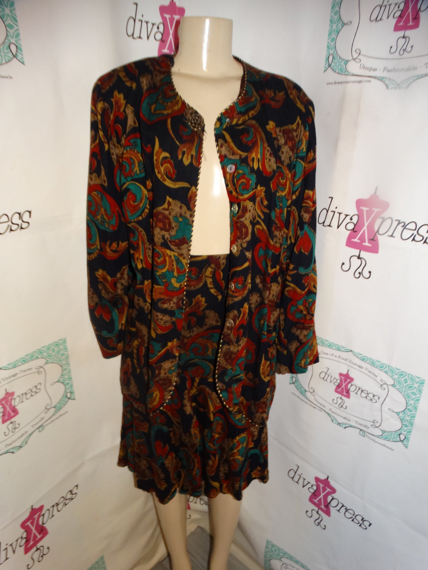 Vintage Jessica Howard Black Red Chain Print 2 Piece Skirt Set Size 2x