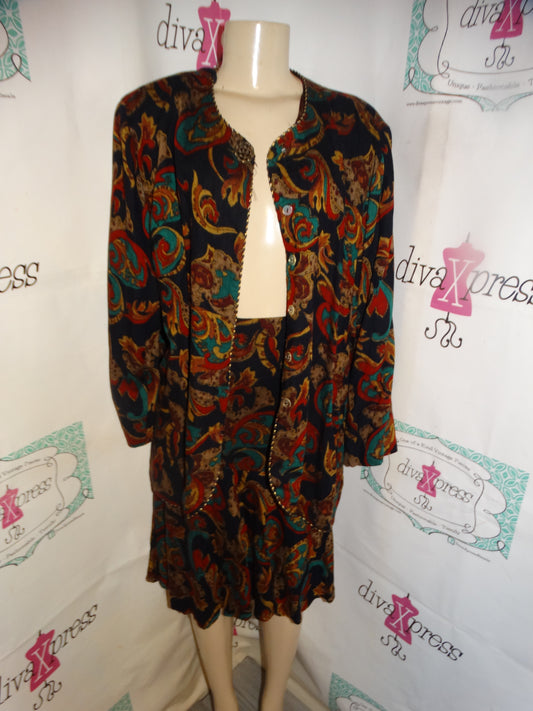 Vintage Jessica Howard Black Red Chain Print 2 Piece Skirt Set Size 2x